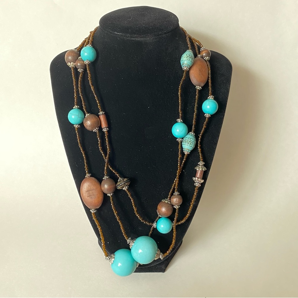 Brown aqua plastic wood beaded statement necklace